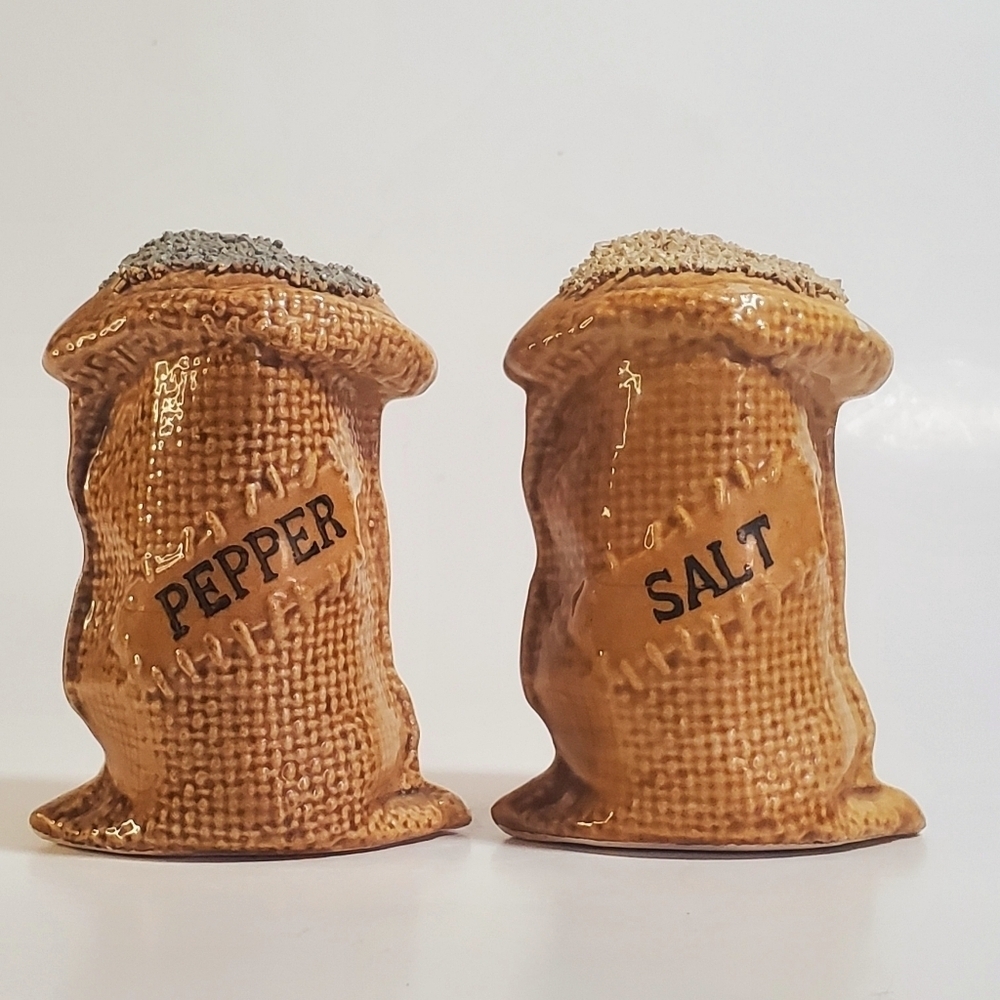 Salt & Pepper Vintage Ceramic Burlap Sack Shaker Set by "Our Own Import" Japan